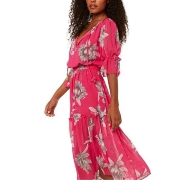 New Misa Los Angeles Pink Dariya Floral 3/4 Sleeve Notch Neck Midi Dress P2685